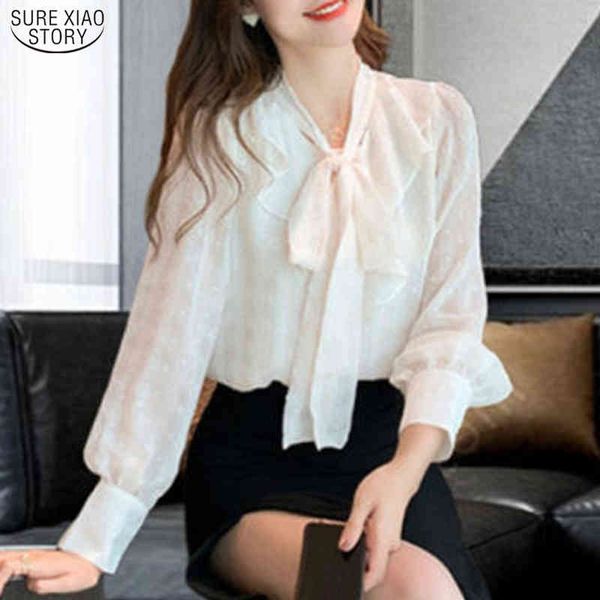 

office lady lace shirts korea elegant puff sleeve women blouse and solid color chiffon plus size female clothing 13935 210415, White