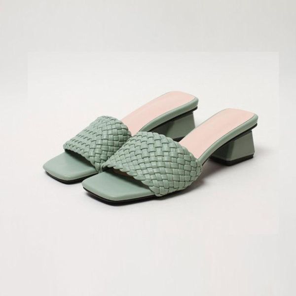 

slippers low loafers shoes woman 2021 summer med square toe hoof heels rome slides rubber fabric pu basic sho, Black