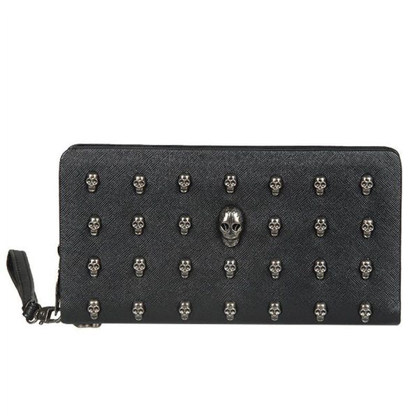 

men leather bag skull wallet personality clutch bags rivets pu purse quality zipper card holder punk wallets, Red;black