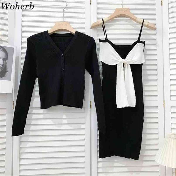 

women knitted suit 2 piece set v neck long sleeve cardigan chic bow slim sling dress two femme roupas 210519, White