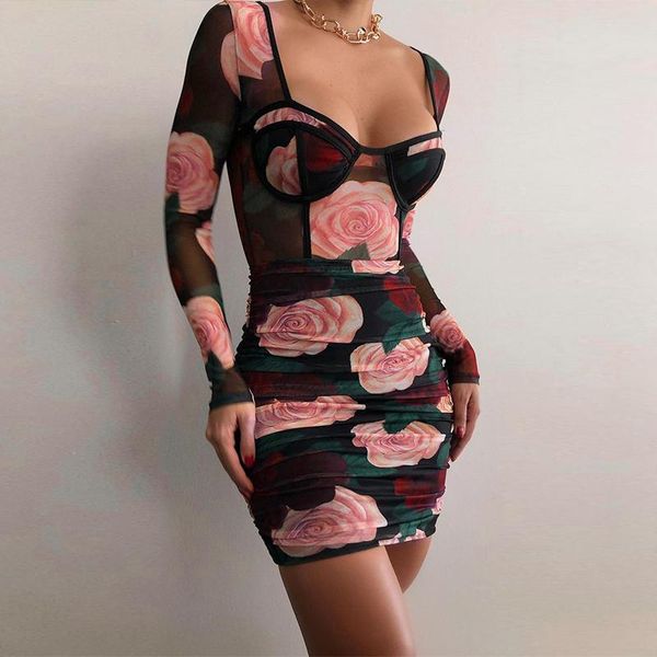 

casual dresses mesh dress women rose print long sleeve see-through patchwork mini elegant party female spring, Black;gray