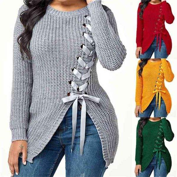 

sewater women autumn casual lace up side slit solid clolor plus size loose pullover slim fit knitted sweaters pullovers 210914, White;black