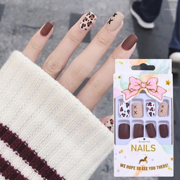 

24pcs detachable false nails fashion leopard square fake full cover nail tips artificial manicure tool finished fingernail1, Red;gold