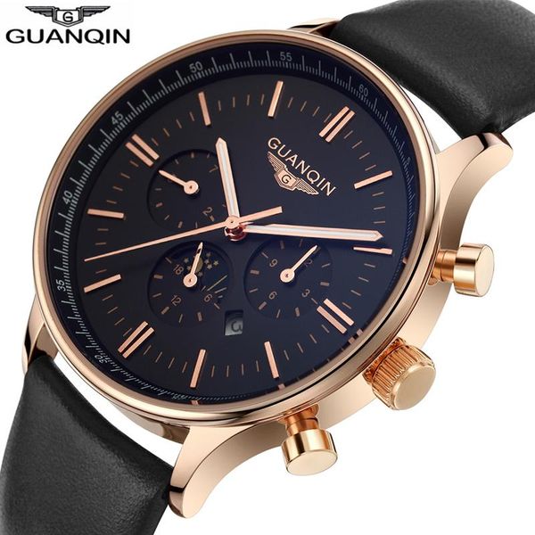 

wristwatches guanqin men's multifuction big dial workable sub-dials calendar 24h leather strap waterproof quartz watch black gq12003, Slivery;brown