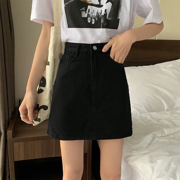 

summer black denim women's korean fashion a-line high waist slim a-type short hip skirt