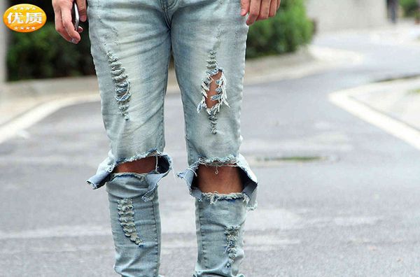 

men's jeans style of spring cloth, jeans with hol, men's korean high street personality dign, Blue