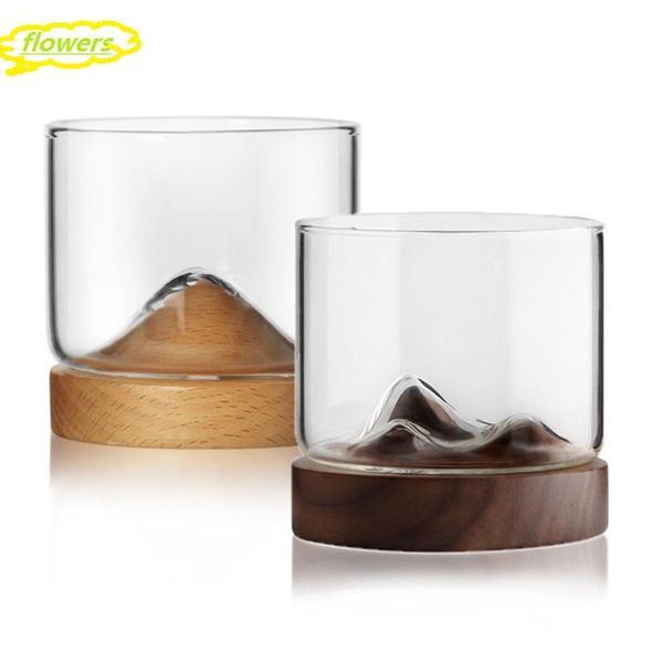 

mountain whiskey glass with wooden base creative beer wine water tea cup glasses set bar drinkware accessories