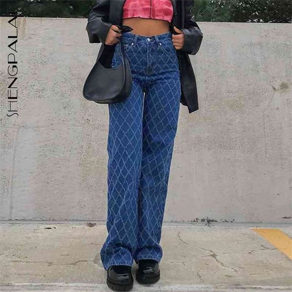

diamond plaid lace texture pants straight women's high waist washed jeans 5b313 210427, Blue