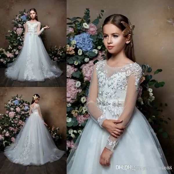 

new pentelei long sleeves flower girl dresses for weddings lace appliqued beads little kids baby gowns princess communion dress, White;blue