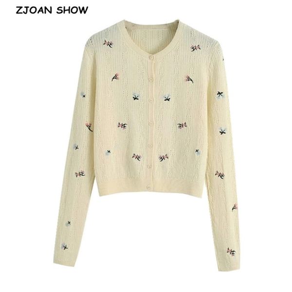 

spring embroidery flower hole france cardigan women sweater retro center buttons long sleeve knitting vintage knitwear 210429, White;black