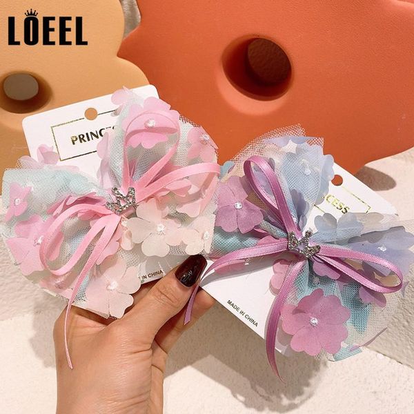 

arrivals children fashion hair ornaments girls princess flower crown clip kids mesh ribbon bowknot hairpins barrettes accessories, Slivery;white
