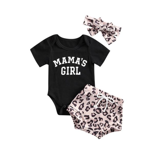 

clothing sets infant short-sleeved romper + shorts bow headband, mama's girl print leopard elastic waist summer, White