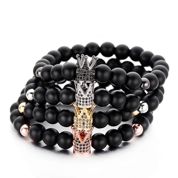 

vintage gold color cz imperial crown men bracelet classic black matte natural stone elastic strand bracelets charm jewelry women beaded, str