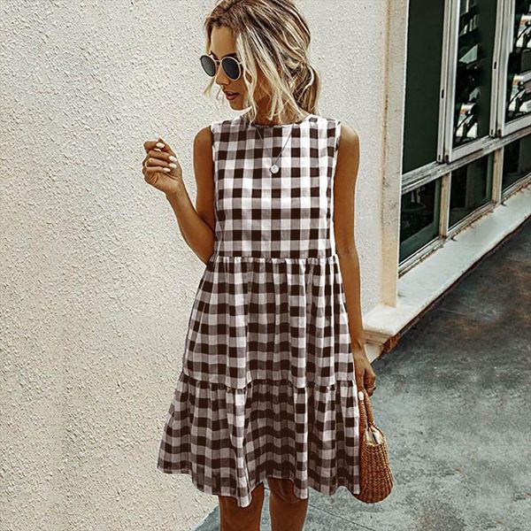 

casual elegant plaid sundress summer women dresses sleeveless a line o neck dress retro beach party sukienka t1g, Black;gray