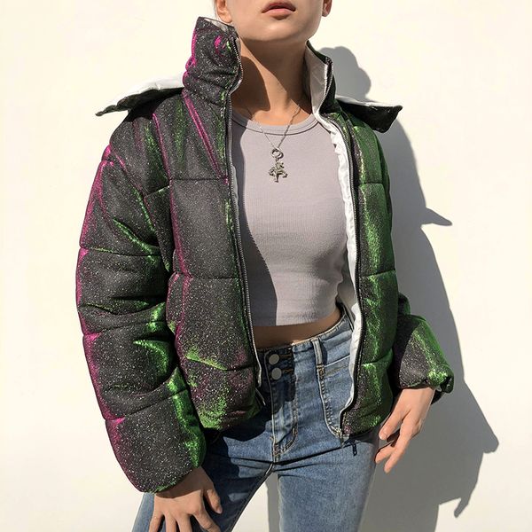 

fashion bling winter jacket women hooded parkas bubble autumn female coat zipper thick quilted puffer outwear, Black