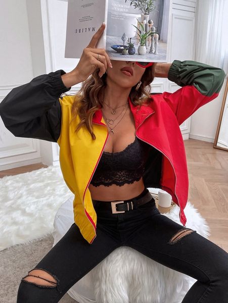 

color block drop shoulder jacket d18b#, Black;brown