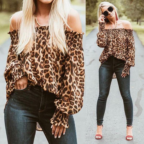 

women womens shirt leopard shirts off shoulder printing loose pullovers chic ladies blouse stylish femme blusa clothing, White