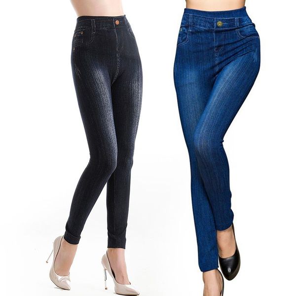 

european american basic seamless imitation denim leggings solid color women pocket slim ladies women's, Black