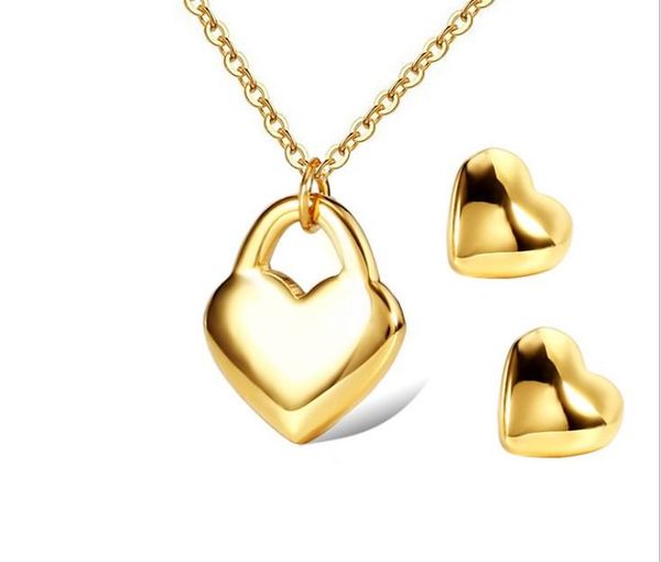 

earrings & necklace stainless steel love heart jewelry set gold color lock pendants necklaces earring woman lady party wedding gift, Silver