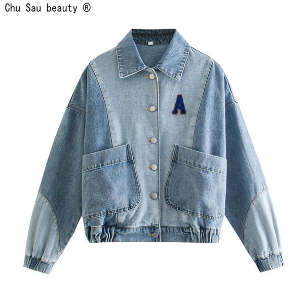 

women's jackets fashion vintage street spring autumn korean loose embroidered patchwork double pocket lapel single breasted denim jacke, Black;brown