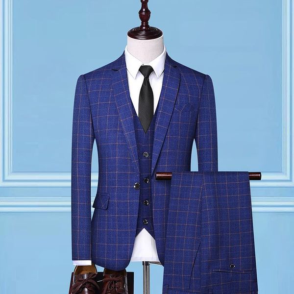 

men's suits plaid british fashion one buttons casual suit set male formal business blazers jacket + vest pants &, White;black