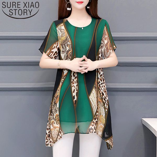 Sommer Bluse Leopard Shirt Frauen Plus Größe 5XL Mode Chiffon Blusen Kurzarm Casual Print Oansatz Tops 5131 210417