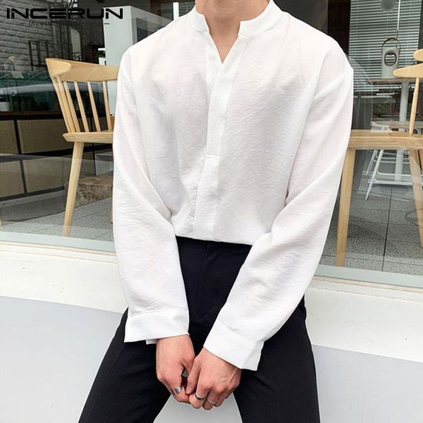 

men's casual shirts men shirt streetwear solid color v neck long sleeve 2021 korean loose stylish leisure camisa masculina incerun 5xl, White;black