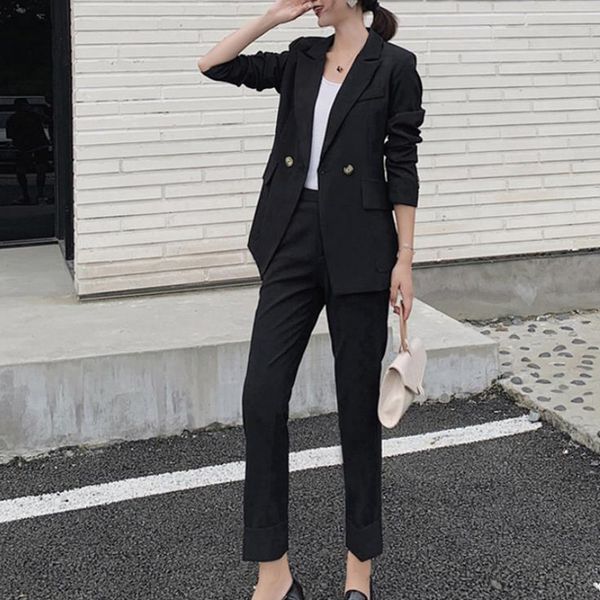 

fashion elegant pants suit office wear 2 piece set women double breasted solid blazer jacket & trousers lady suits 210421, White;black