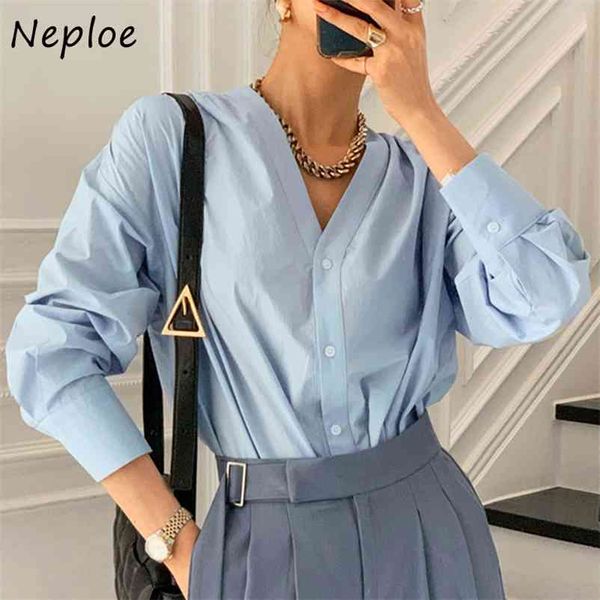 

v neck puff long sleeve blouse women simple solid single breast slim blusas spring work style ol shirt feminono 210422, White