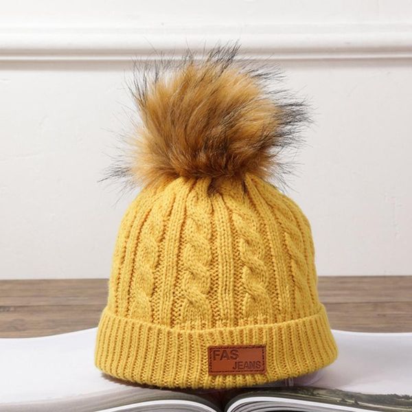 

beanies solid color autumn winter sweet cute knitted hats fashion warm caps with fluffy pompom ball yellow