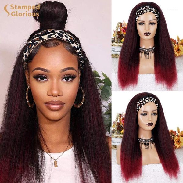 

stamped glorious long synthetic headband wig kinky straight wigs for black women yaki heat resistant hair1