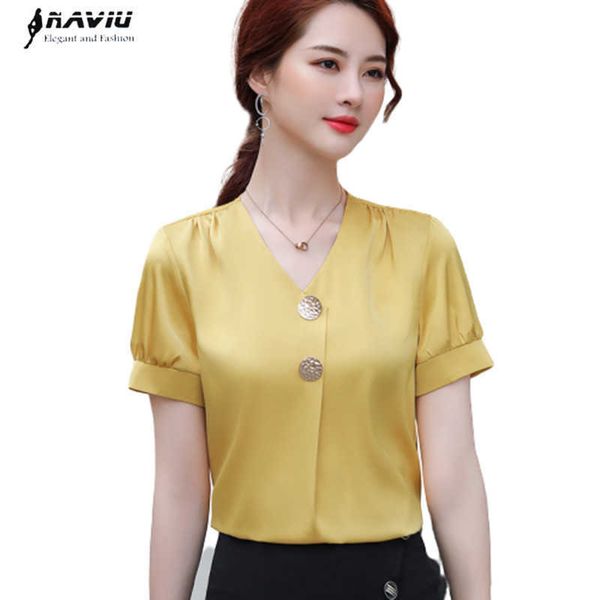 

fashion casual women shirt loose short sleeve elegant v neck chiffon blouses office ladies temperament work 210604, White