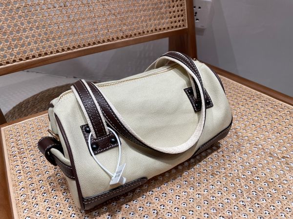 

canvas + leather stitched pillow bag retro brown apricot handbag durable and stylish bags with artistic sense of classic logo pattern