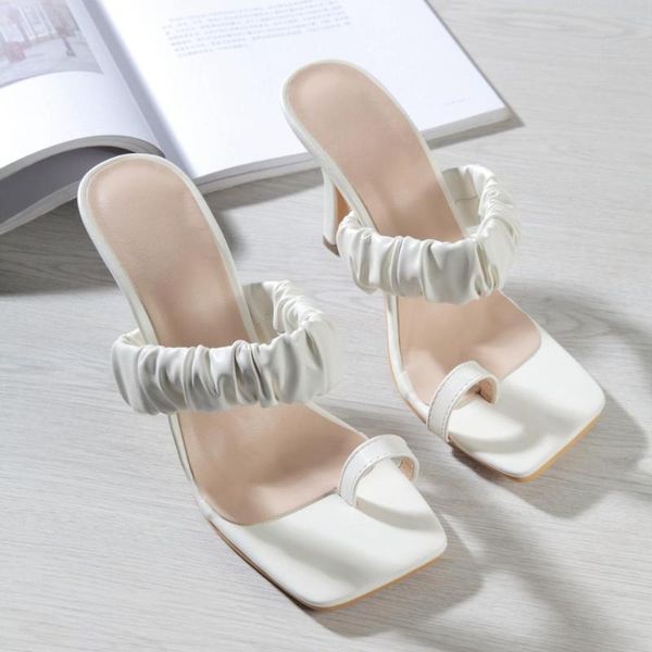 

big size design square toe thin high heel slippers summer outdoor slip on dress shoes lady elegant slides white sandal, Black