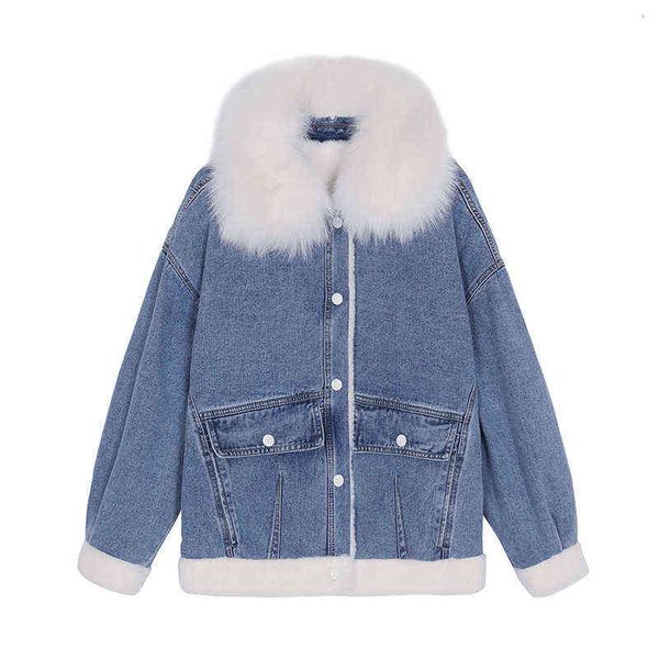 

2021 winter korean loose large wool collar foreign style cotton clothes women's casual plush thickened denim coat, Black;brown