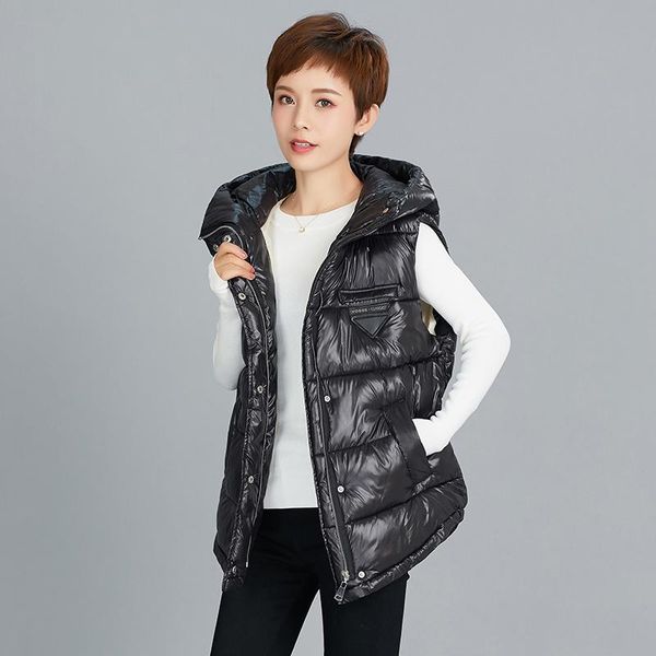 

women's vests autumn short hooded down cotton vest female large size fashion casual glossy waistcoat sleeveless black winter women outw, Black;white