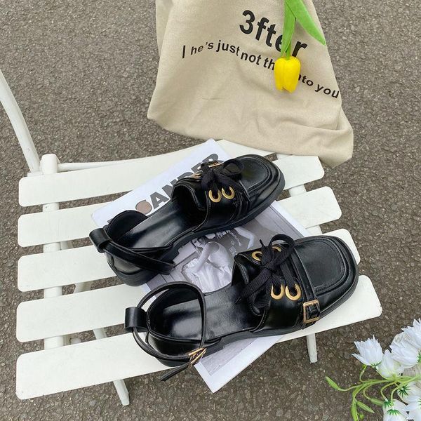 

sandals small leather shoes female 2021 wild buckle with square toe thick heel non-slip black retro single british style