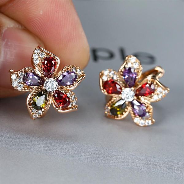 

hoop & huggie cute female rainbow crystal earrings vintage gold color wedding trendy flower zircon stone for women, Golden;silver