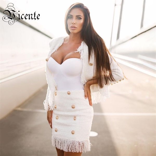 

two pieces tweed tassels double breasted woolen pencil office ladies skirt suit 210520, White