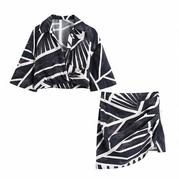 

women summer 2-piece sets suits za print short blouses and mini skirts female vintage sweet two-pieces set clothing 210513, White