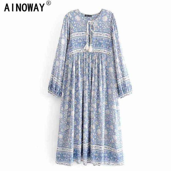 

vintage chic women tie neck long sleeve floral porcelain print beach bohemian maxi dresses ladies rayon cotton boho dress robe g1214, Black;gray