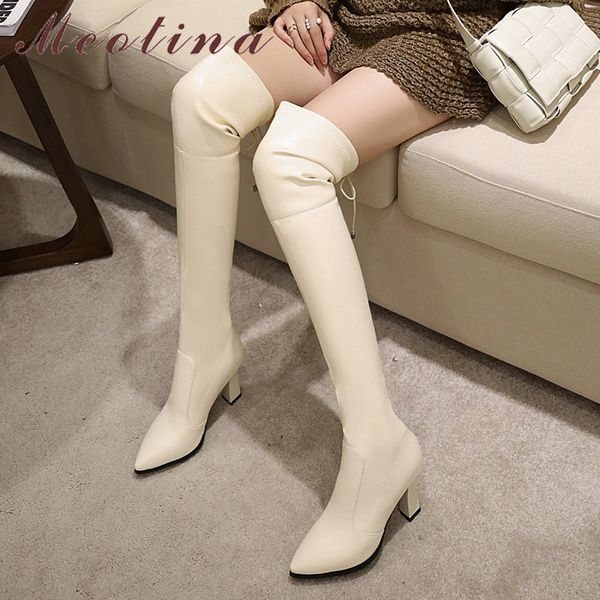 

women over the knee boots shoes pointed toe thick heels long lace up super high heel stretch thigh silver 210517, Black