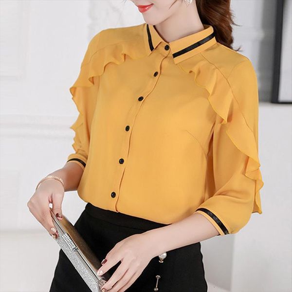 

spring summer casual bow women shirt yellow button up chiffon blusas office work shirts ladies, White