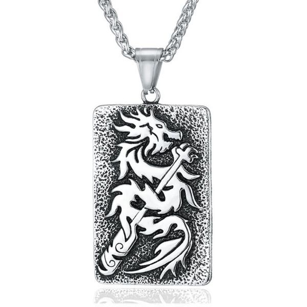 

stainless steel vintage rectangle dragon pendant necklace punk jewelry gift for him with chain chains, Silver