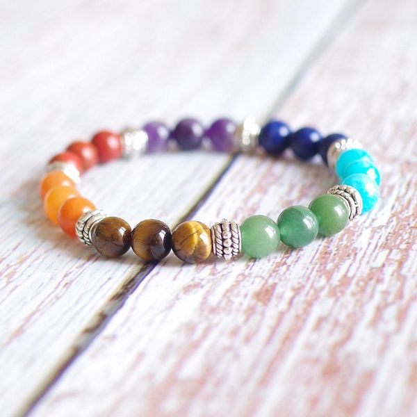 

charm bracelets mixed stone 7 chakra bracelet diy natural yoga prayer beads strand jewelry for women men, Golden;silver