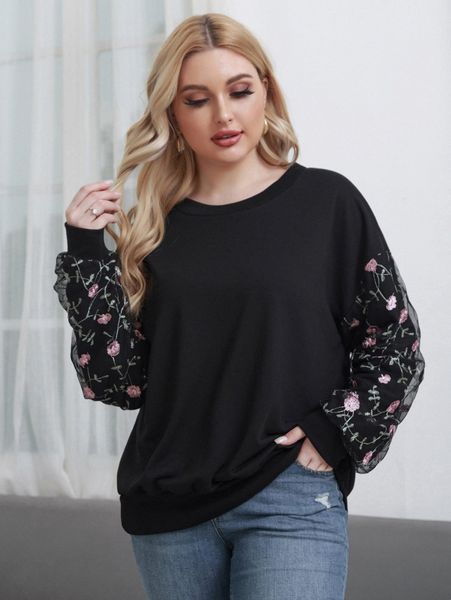 

plus contrast floral embroidery mesh drop shoulder sweatshirt t428#, Black