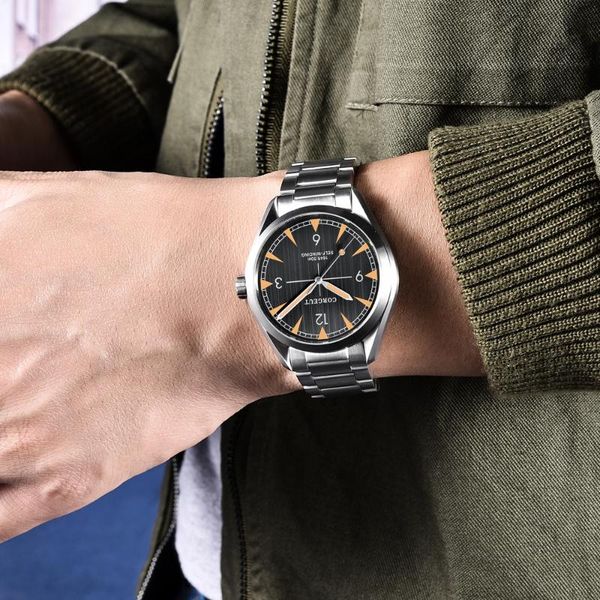 

wristwatches corgeut fashion 41mm black/white men watch sapphire glass st movement self winding wristwatch steel band, Slivery;brown