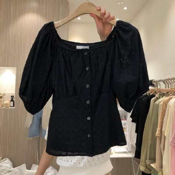 

women's summer shirt korean square collar solid color buttoned puff sleeve loose commuter female slimming t-shirt, White