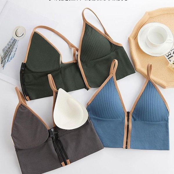 

women zipper crop bralette spaghetti strap lingerie tanke streetwear sleeveless vest sport bra stripe camisole camisoles & tan, Black;white