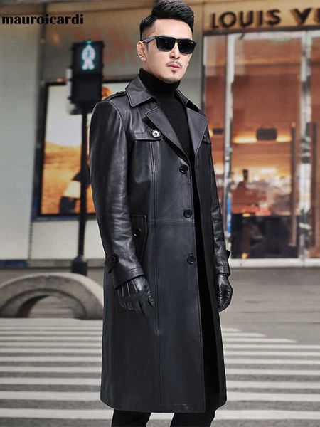 

mauroicardi spring long black waterproof leather blazer men long sleeve lapel belt autumn soft faux leather coats for men 5xl 210928